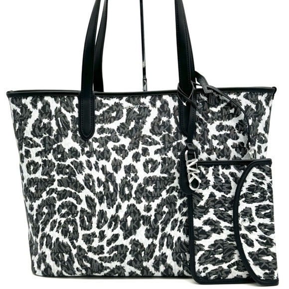 Michael Kors XL East West Tote Bag Leopard Print Black Multi - Picture 1 of 12